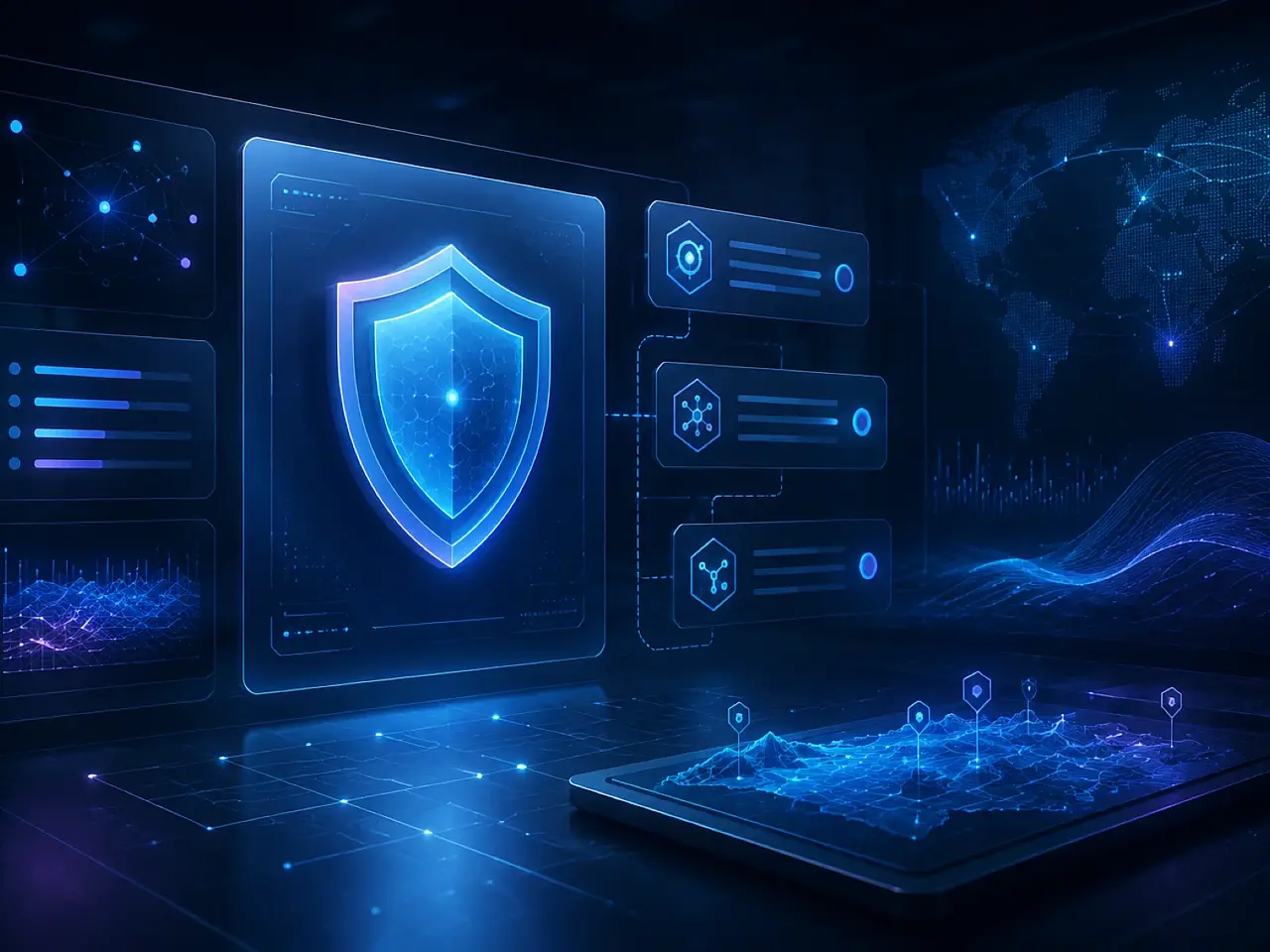 Blaues Cybersicherheitsmotiv aus der Anmeldemaske von Cyberschule.at