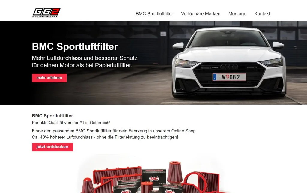 View of the existing project: BMC performance air filters: a focused landing page